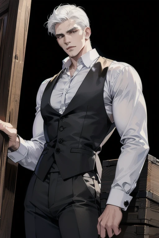 (masterpiece, best quality:1.2), (absurd res, high res, ultra detailed), 1 male, adult, handsome, tall muscular guy, broad shoulders, white hair, finely detailed eyes, portrait, looking at viewer, solo, half shot, detailed background, detailed face, (gothic), smirk, vampire, dark leather, high fantasy,, stealth, undercover, (crates in background), shadows, fog, (dutch angle), closed mouth, black pants