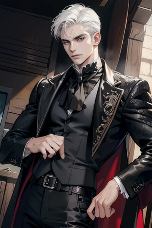 (masterpiece, best quality:1.2), (absurd res, high res, ultra detailed), 1 male, adult, handsome, tall muscular guy, broad shoulders, white hair, finely detailed eyes, portrait, looking at viewer, solo, half shot, detailed background, detailed face, (gothic), smirk, vampire, dark leather, high fantasy,, stealth, undercover, (crates in background), shadows, fog, (dutch angle), closed mouth, black pants