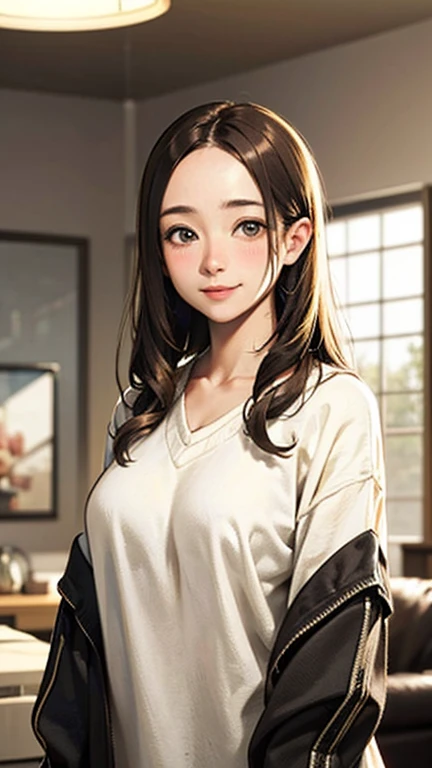 1 Woman Standing, /(Oversized sweater/) V-neck, Mature Woman, /(Mid-length hair、Light brown hair、Blonde hair/) Beautiful forehead, A gentle blushing smile, (Masterpiece of the highest quality:1.2) Delicate illustrations, super detailed /(Modern house living room/) indoor