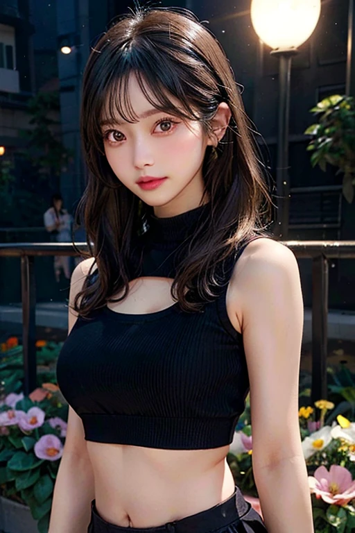 realistic, 1girl, black hair, brown eyes, glowing eyes, crop top, skirt, parted lips, blush, night, flowers, sun, sunlight,