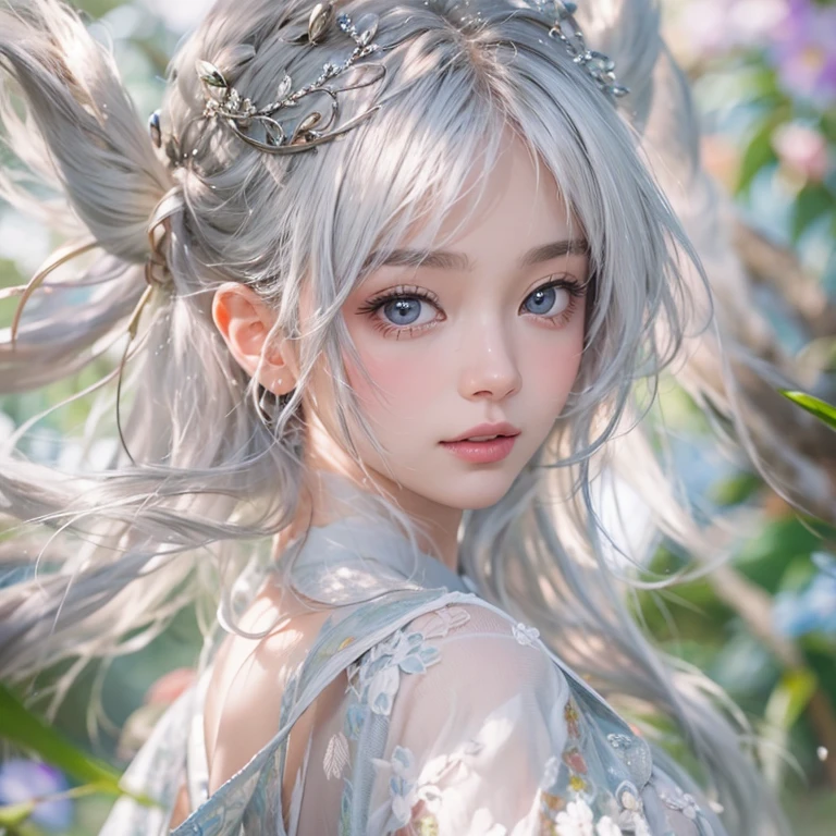 (masterpiece:1.3), (8k, Realistic, RAW Photos, Best image quality: 1.4), Fair-skinned fairy woman、short hair、Cleavage:2.0、Highly detailed face、Attention to detail、double eyelid、Sharp focus:1.2、Beautiful woman:1.4、Silvery white hair、highest quality、masterpiece、Ultra-high resolution、(Realistic:1.4)、Highly detailed and professionally lit smiles、Loose, Light,Japanese High 、 one person、whole body, Add bread through the mouth、Cycling through Japanese cities、