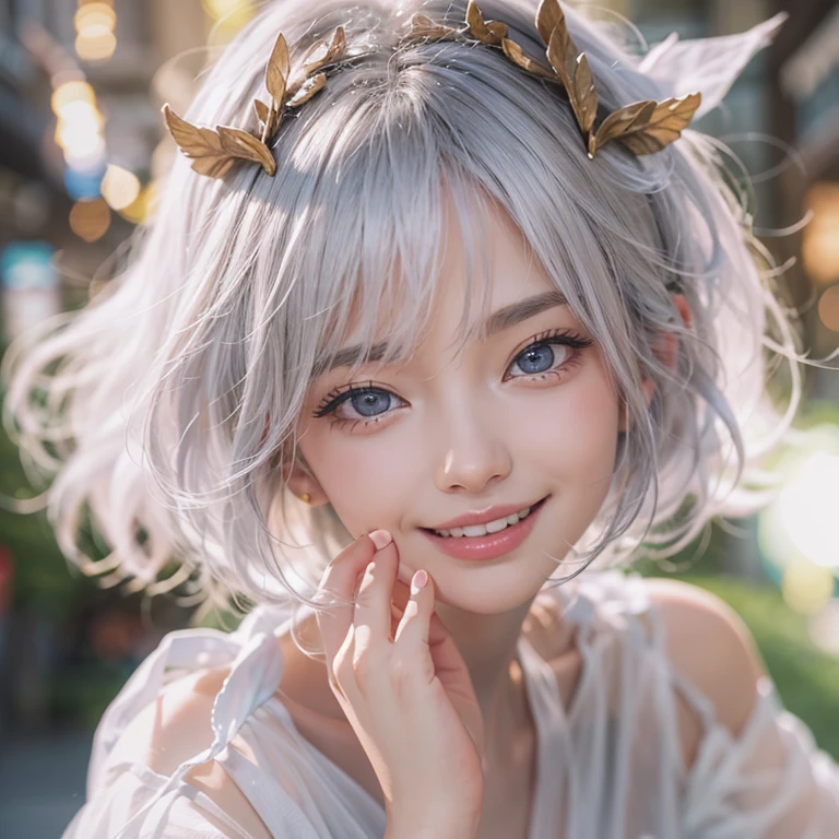 (masterpiece:1.3), (8k, Realistic, RAW Photos, Best image quality: 1.4), Fair-skinned fairy woman、short hair、Cleavage:2.0、Highly detailed face、Attention to detail、double eyelid、Sharp focus:1.2、Beautiful woman:1.4、Silvery white hair、highest quality、masterpiece、Ultra-high resolution、(Realistic:1.4)、Highly detailed and professionally lit smiles、Loose, Light,Japanese High 、 one person、whole body, Add bread through the mouth、Cycling through Japanese cities、