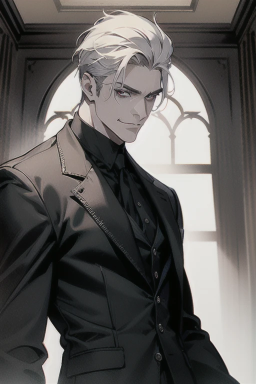 (masterpiece, best quality:1.2), (absurd res, high res, ultra detailed), 1 male, adult, handsome, tall muscular guy, broad shoulders, white hair, finely detailed eyes, portrait, looking at viewer, solo, half shot, detailed background, detailed face, (gothic), smirk, vampire, dark leather, high fantasy,, stealth, undercover, (crates in background), shadows, fog, (dutch angle), closed mouth, black pants