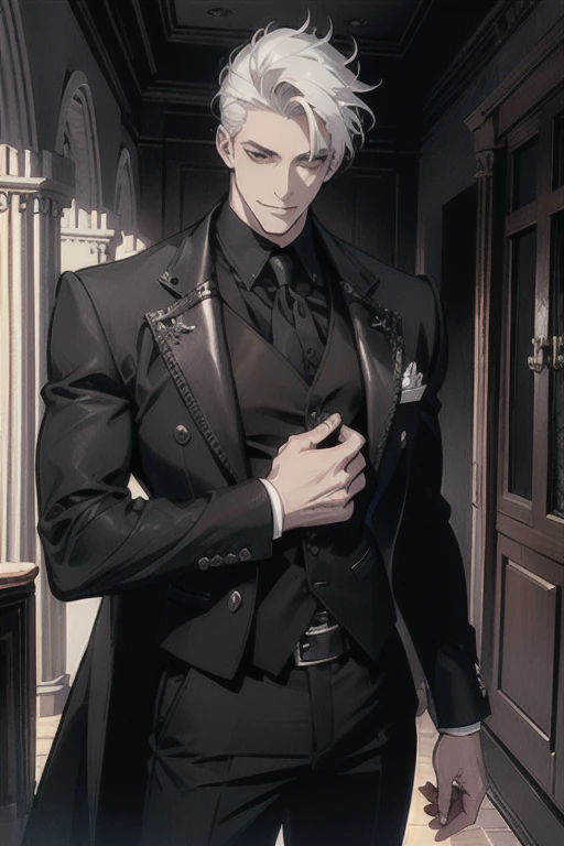 (masterpiece, best quality:1.2), (absurd res, high res, ultra detailed), 1 male, adult, handsome, tall muscular guy, broad shoulders, white hair, finely detailed eyes, portrait, looking at viewer, solo, half shot, detailed background, detailed face, (gothic), smirk, vampire, dark leather, high fantasy,, stealth, undercover, (crates in background), shadows, fog, (dutch angle), closed mouth, black pants