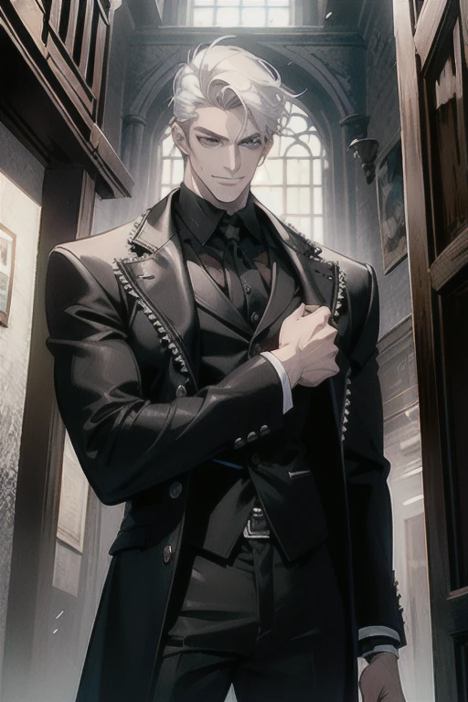 (masterpiece, best quality:1.2), (absurd res, high res, ultra detailed), 1 male, adult, handsome, tall muscular guy, broad shoulders, white hair, finely detailed eyes, portrait, looking at viewer, solo, half shot, detailed background, detailed face, (gothic), smirk, vampire, dark leather, high fantasy,, stealth, undercover, (crates in background), shadows, fog, (dutch angle), closed mouth, black pants