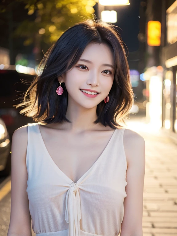 masterpiece, highest quality, High resolution,alone,Two-tone hair, Small earrings,artistic,Best lighting,casual,Flat Chest,Beautiful Face,expensive,smile,light makeup,nature,Age 25,Calm woman,Hair blowing in the wind,Blurred Background,Face Focus,Detailed Hair,Laughing woman,Vivid fashion,Woman with tied hair,amount,short hair,Forehead,night,outside,office Street