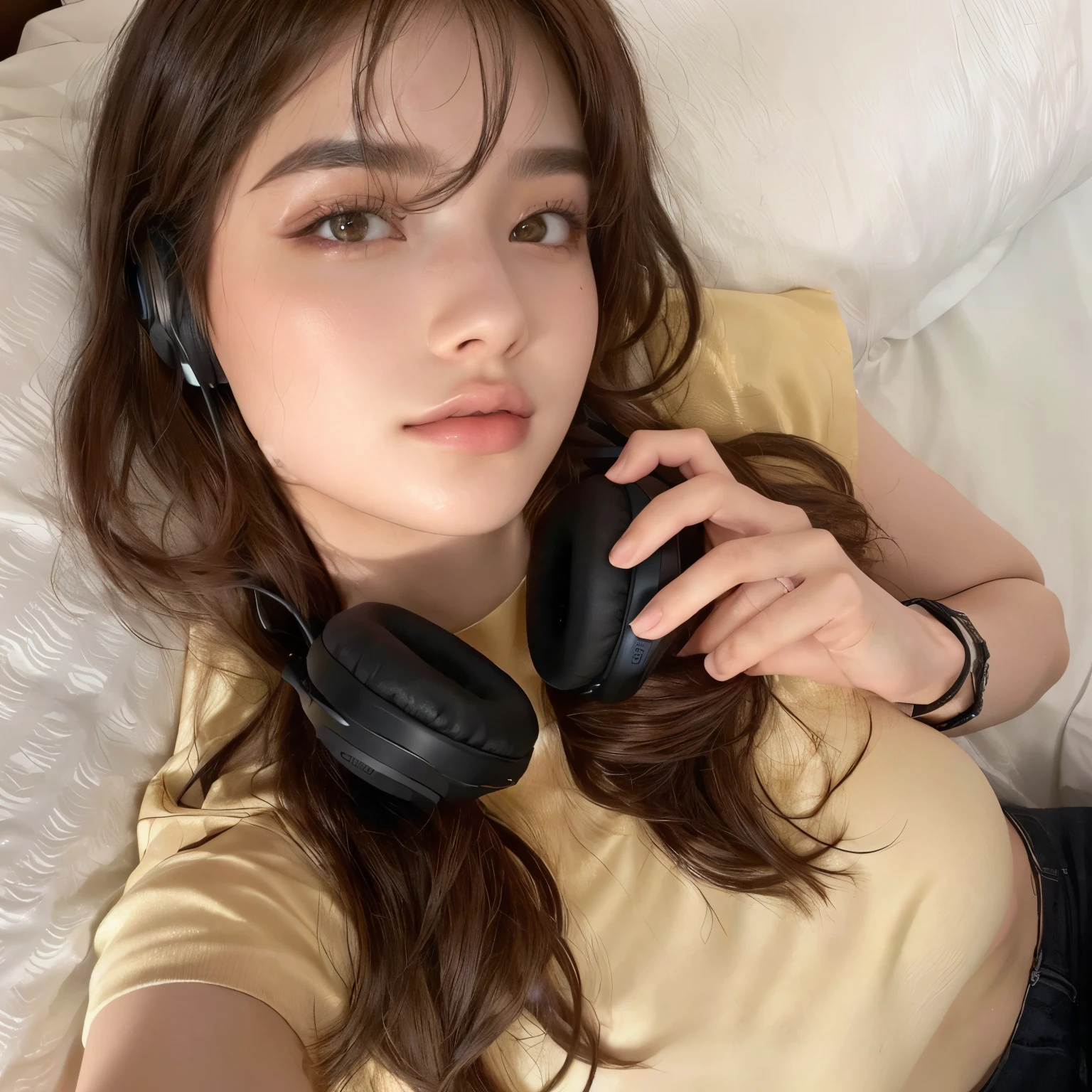 arafed woman laying on a bed with headphones on her neck, eva elfie, curtain bangs, without makeup, dua lipa, with headphones, anastasia ovchinnikova, barbara palvin, angelina stroganova, lucy hale, exclusive, posing in bed, viktoria gavrilenko, julia sarda, serena malyon, 18 years old , blackpink jennie , blackpink Lisa , asian famale face , cute girl , Korean famale , Orange hair, orange