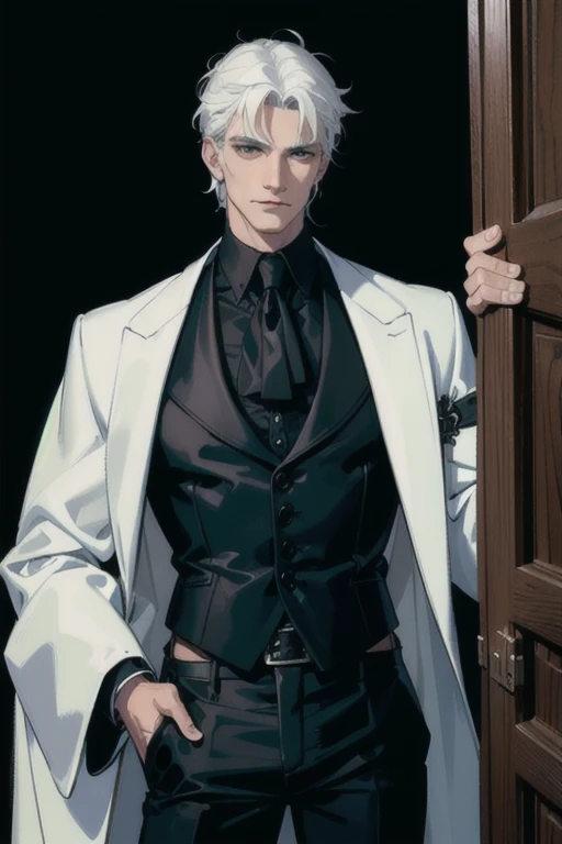 (masterpiece, best quality:1.2), (absurd res, high res, ultra detailed), 1 male, adult, handsome, tall muscular guy, broad shoulders, white hair, finely detailed eyes, portrait, looking at viewer, solo, half shot, detailed background, detailed face, (gothic), smirk, vampire, dark leather, high fantasy,, stealth, undercover, (crates in background), shadows, fog, (dutch angle), closed mouth, black pants