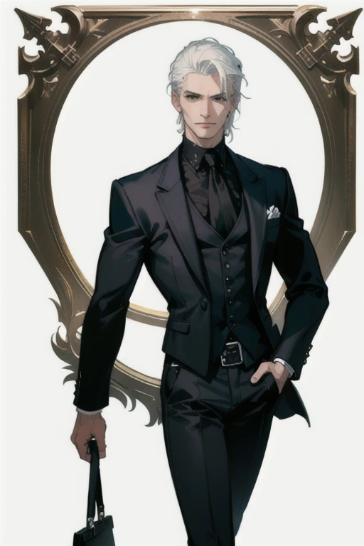 (masterpiece, best quality:1.2), (absurd res, high res, ultra detailed), 1 male, adult, handsome, tall muscular guy, broad shoulders, white hair, finely detailed eyes, portrait, looking at viewer, solo, half shot, detailed background, detailed face, (gothic), smirk, vampire, dark leather, high fantasy,, stealth, undercover, (crates in background), shadows, fog, (dutch angle), closed mouth, black pants