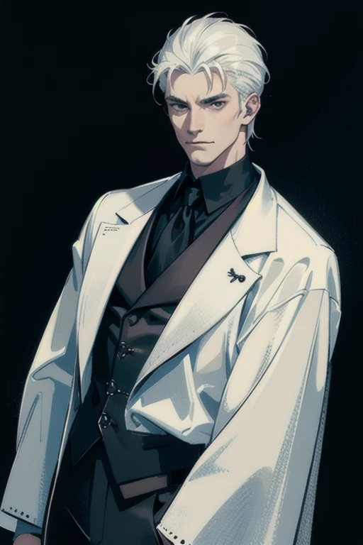 (masterpiece, best quality:1.2), (absurd res, high res, ultra detailed), 1 male, adult, handsome, tall muscular guy, broad shoulders, white hair, finely detailed eyes, portrait, looking at viewer, solo, half shot, detailed background, detailed face, (gothic), smirk, vampire, dark leather, high fantasy,, stealth, undercover, (crates in background), shadows, fog, (dutch angle), closed mouth, black pants