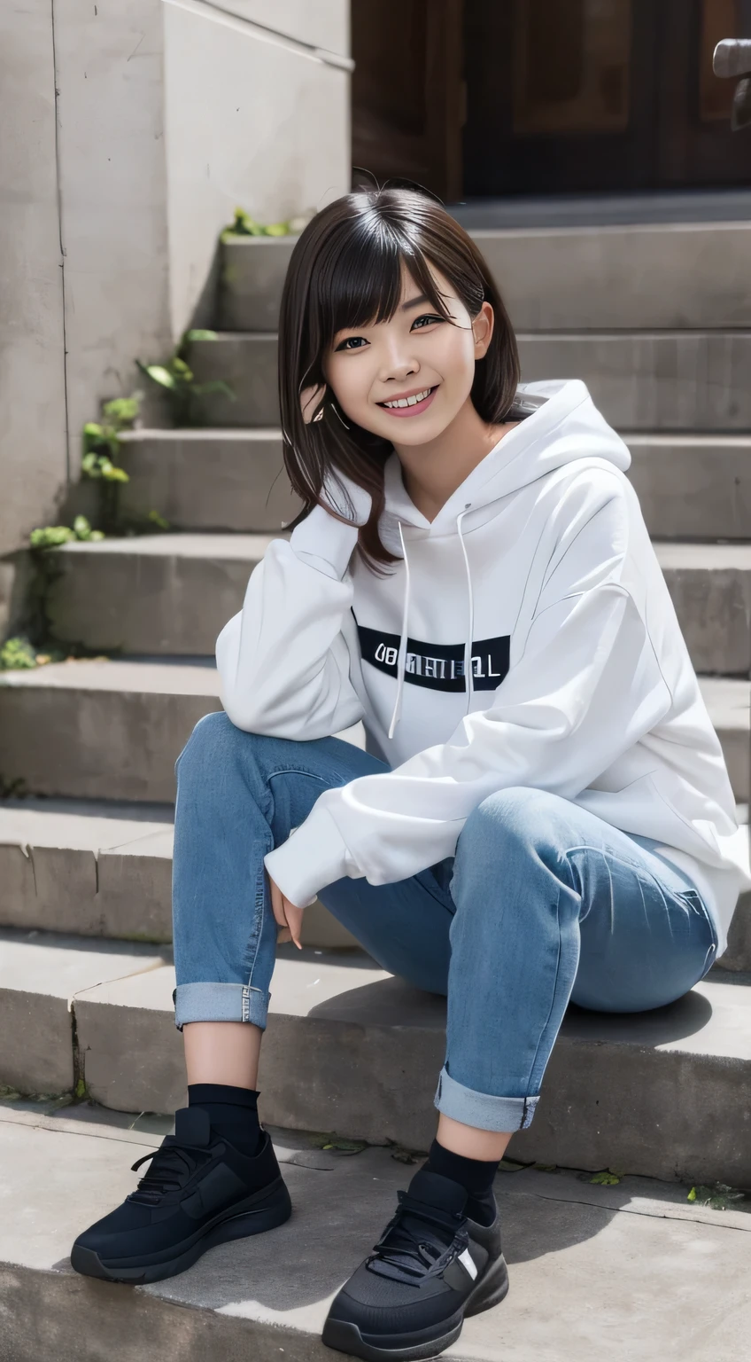 highest quality, Realistic, Very detailed, Finer details, High resolution, 8k wallpaper, One beautiful woman,Sit on the stairs、(Wear black socks)smile、(Beautiful teeth alignment、)(Gums are visible) Oversized hoodie, Skinny jeans,( Black sneakers)、Black Hair、 Beautiful Bangs、ear piercing、Perfect dynamic composition, Beautiful and detailed, Full Body Shot, A big smile