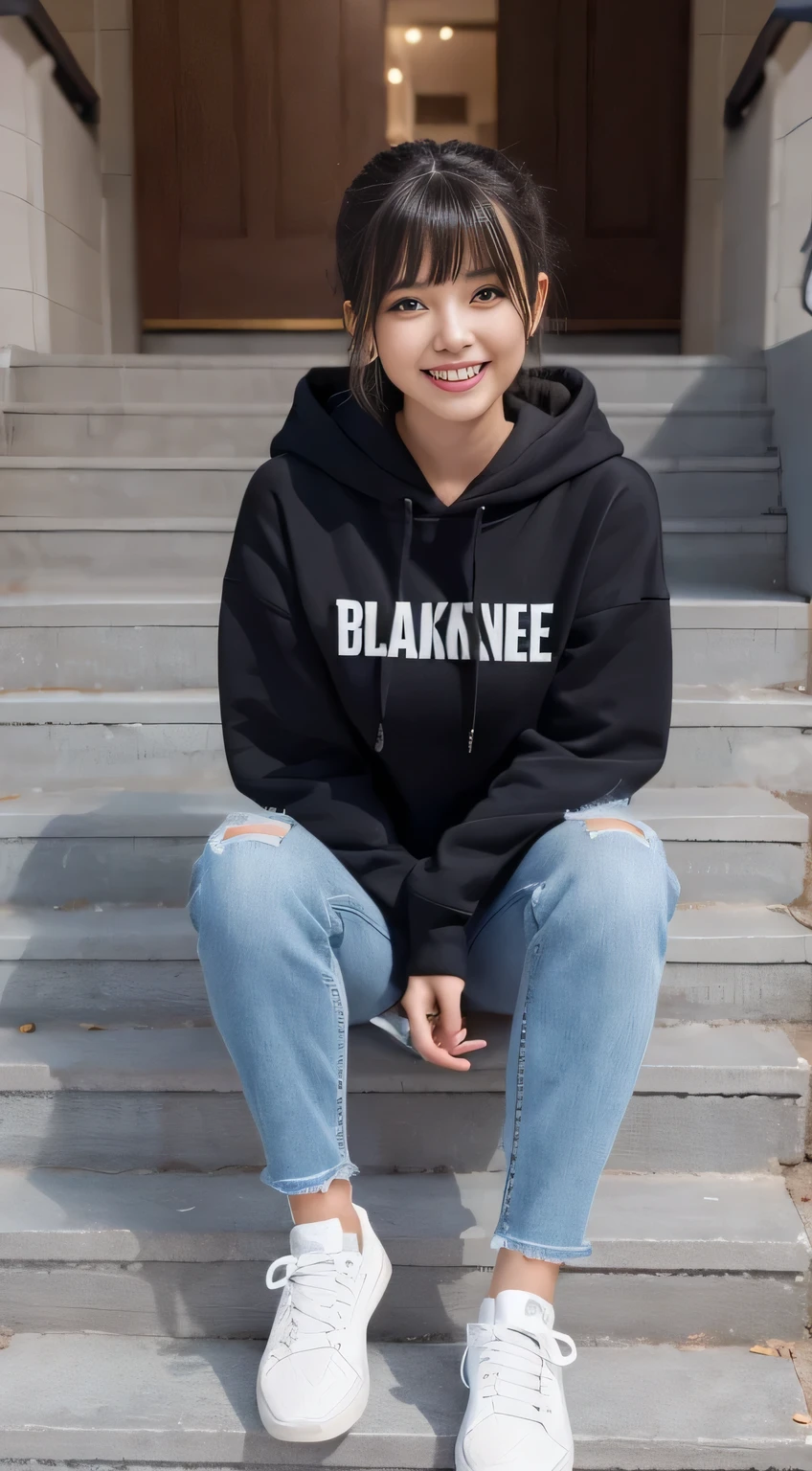 highest quality, Realistic, Very detailed, Finer details, High resolution, 8k wallpaper, One beautiful woman,Sit on the stairs、(Wear black socks)smile、(Beautiful teeth alignment、)(Gums are visible) Oversized hoodie, Skinny jeans,( Black sneakers)、Black Hair、 Beautiful Bangs、ear piercing、Perfect dynamic composition, Beautiful and detailed, Full Body Shot, A big smile