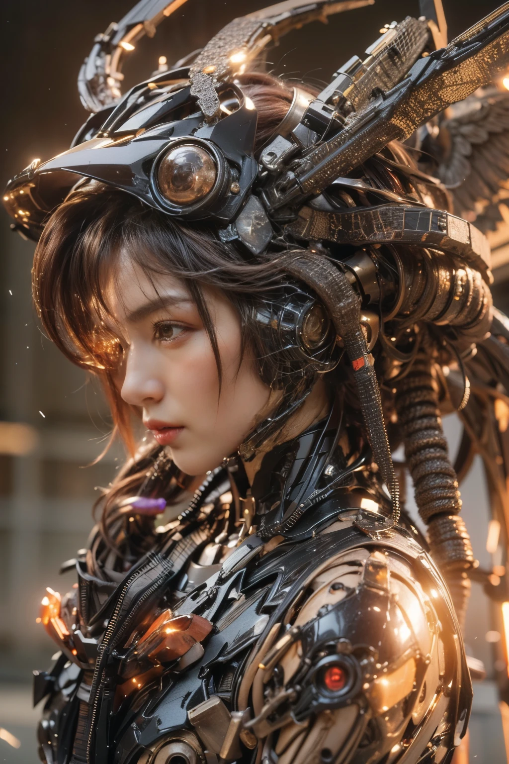 (top-quality:1.2, masterpiece)、ultra high resolution、extremely ultra surrealism, (Photorealsitic:1.4)、Raw photo、(Steampunk Battle Cyborg fallen angel)、(large mechanical bat wings)、black porcelain body、red  hair、glowy skin、1 Cyborg girl、(mechanical frame:1.3)japanese, extremely cute face,  ((super realistic details))、portrait、globalillumination、Shadow、octan render、8K、ultrasharp、character edge light、Details of complex ornaments、Acrylic Clear Cover、Sumerian details、Hydraulic cylinder、Small LED lamp、highly intricate detail、Realistic light、a purple eye、radiant eyes、Facing the camera、neon details、cowboy  shot、Futuristic headgear、About Cyberpunk