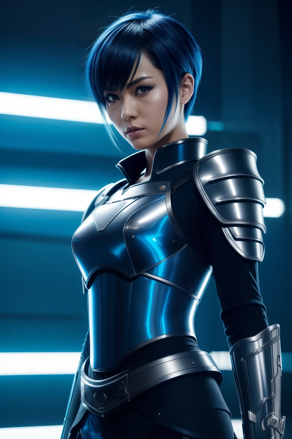 High-definition, photorealistic depiction of two futuristic warriors engaged in a samurai duel to the death. The scene is set in a dystopian, cyberpunk cityscape, outlined by neon lights and holographic advertisements. Both warriors are clad in shimmering, metallic armor, intricately detailed with ribbons of glowing energy.
Warrior A, a woman with a short, electric-blue pixie cut, stands poised with her katana, her eyes narrowed and focused. Her armor is a blend of traditional samurai aesthetics with futuristic elements, including a holographic crest that radiates