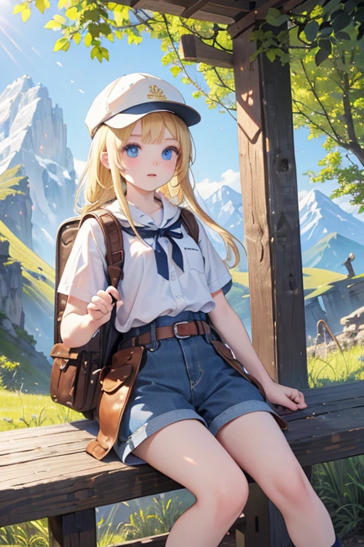 masterpiece, highest quality, High resolution, ****************、Detailed face、Full Finger、blue eyes、blonde、Braiding、Climbing Style、Clothes with lots of pockets、Shorts、rucksack、Thick-soled shoes、Hunting Cap、In the mountains、Lush tree々々、The sunlight streaming in