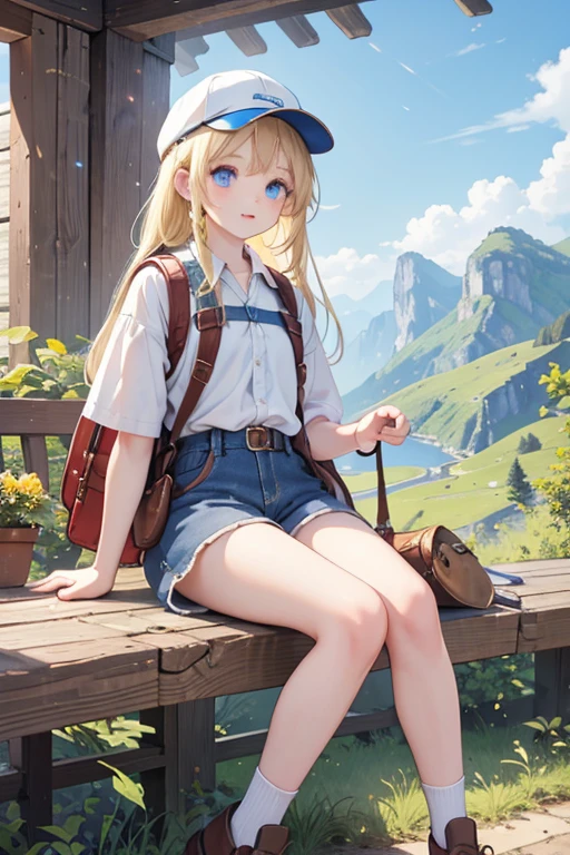 masterpiece, highest quality, High resolution, 13-year-old girl、Detailed face、Full Finger、blue eyes、blonde、Braiding、Climbing Style、Clothes with lots of pockets、Shorts、rucksack、Thick-soled shoes、Hunting Cap、In the mountains、Lush tree々々、The sunlight streaming in