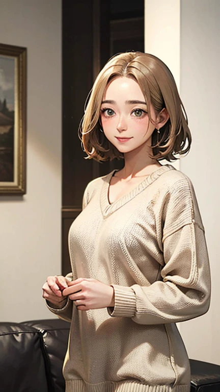 1 Woman Standing, /(Oversized sweater/) V-neck, Mature Woman, /(short hair、Light brown hair、Blonde hair/) Beautiful forehead, A gentle blushing smile, (Masterpiece of the highest quality:1.2) Delicate illustrations, super detailed,  /(Modern house living room/) indoor