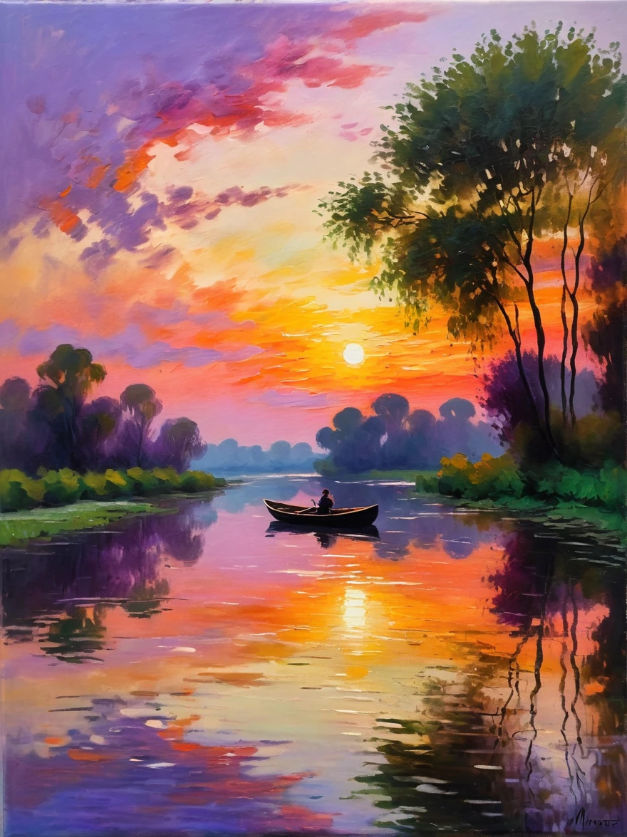 (Claude Monet Style:1.3)，Capturing a scene in the style of impressionist art，The focus is on the vibrant sunset，The sky gradually turned orange，Purple and pink colors，There is a river running through the scene，Reflecting these beautiful colors，On the bank of this river，We see silhouettes that suggest rural charm，Maybe a dormant rowboat or a deserted bench，Trees paint the scene with a variety of greenery，Contrasts with the warm tones of the sky，The whole picture has blurred strokes，A beacon of the Impressionist era，Let it be inspired by art created before 1912