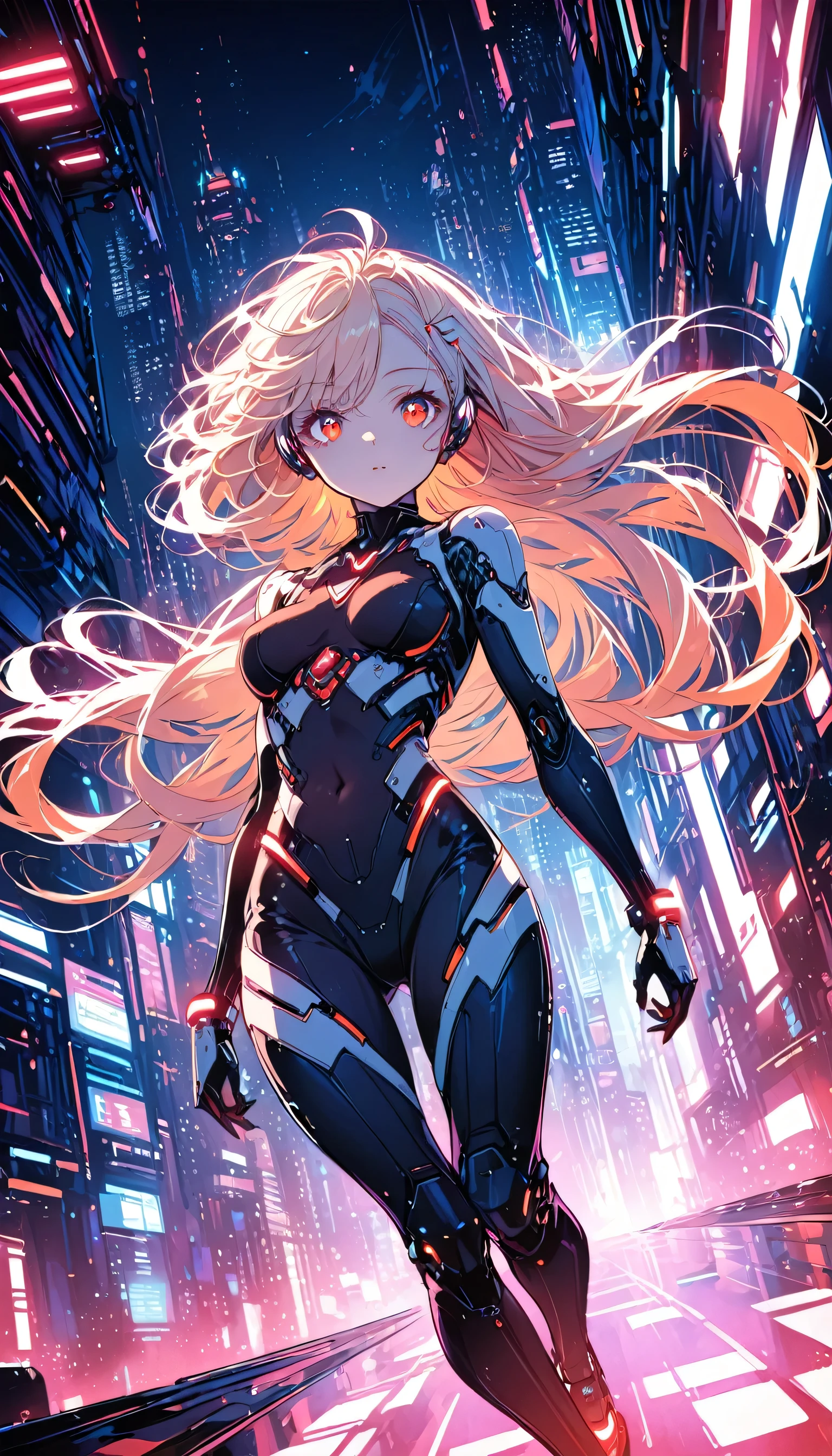 (SFW), Intricate details, One girl, night, (Bright neon colors), ((Flying over a futuristic cyberpunk city)), Detailed Background, (Petite cyborg girl, ((Cute perfect face, Bright red eyes)), (Perfect Anatomy,  and firm breasts), (Extremely long orange and white gradient hair, Hair blowing in the wind)), Detailed ribbed impossible bodysuit, Pauldrons, Cybernetic limbs, Dynamic Angle, 