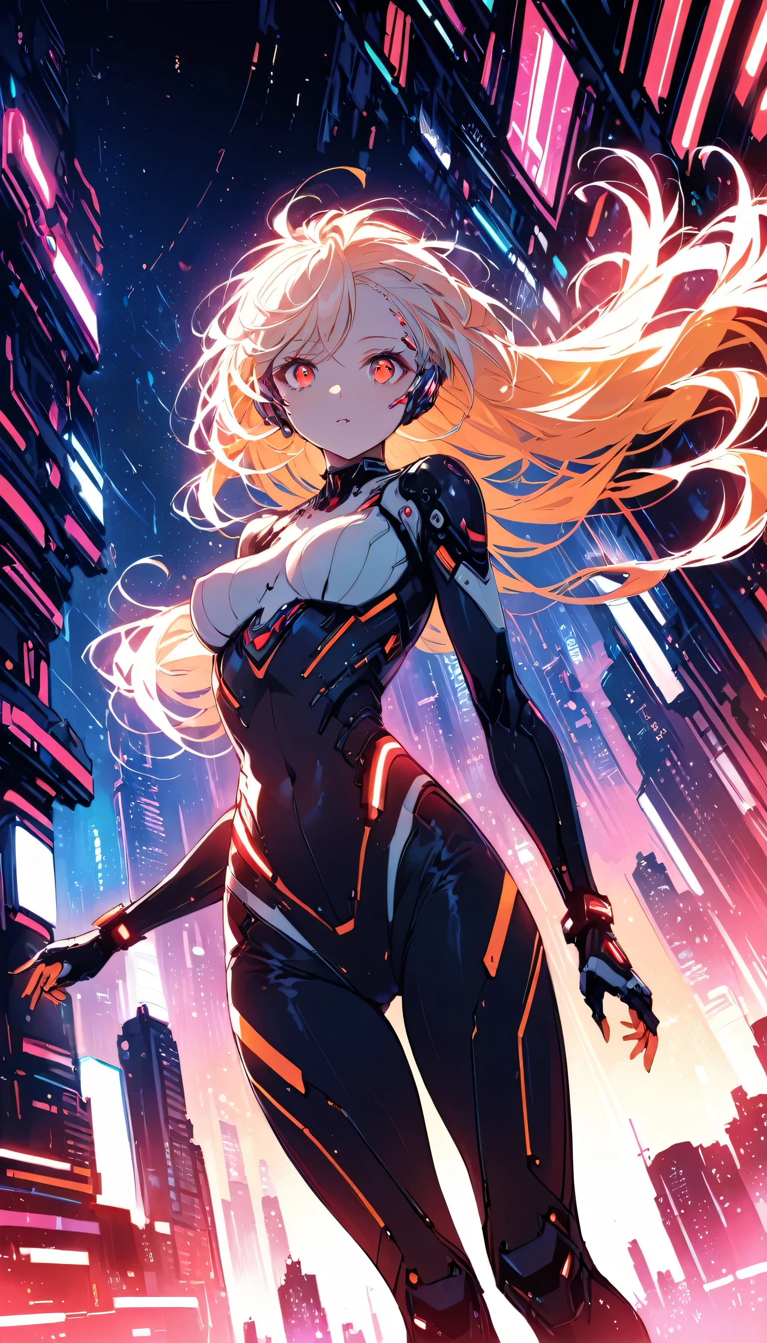 (SFW), Intricate details, One girl, night, (Bright neon colors), ((Flying over a futuristic cyberpunk city)), Detailed Background, (Petite cyborg girl, ((Cute perfect face, Bright red eyes)), (Perfect Anatomy,  and firm breasts), (Extremely long orange and white gradient hair, Hair blowing in the wind)), Detailed ribbed impossible bodysuit, Pauldrons, Cybernetic limbs, Dynamic Angle, 