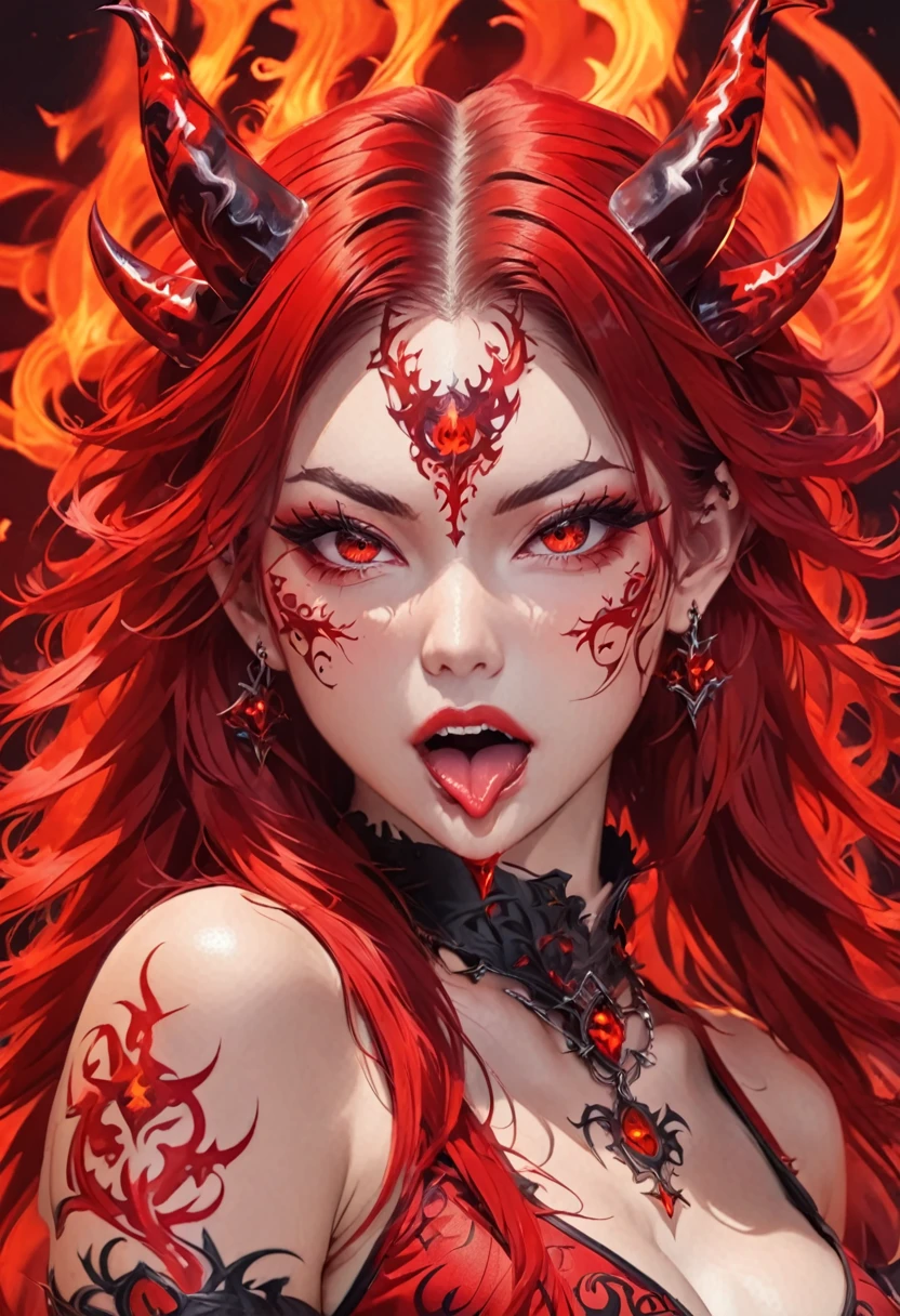 High quality, HD, long hair, sharp red eyes color, tongue, pierced, tattoo, female devil, devil girl, one person, single person, 