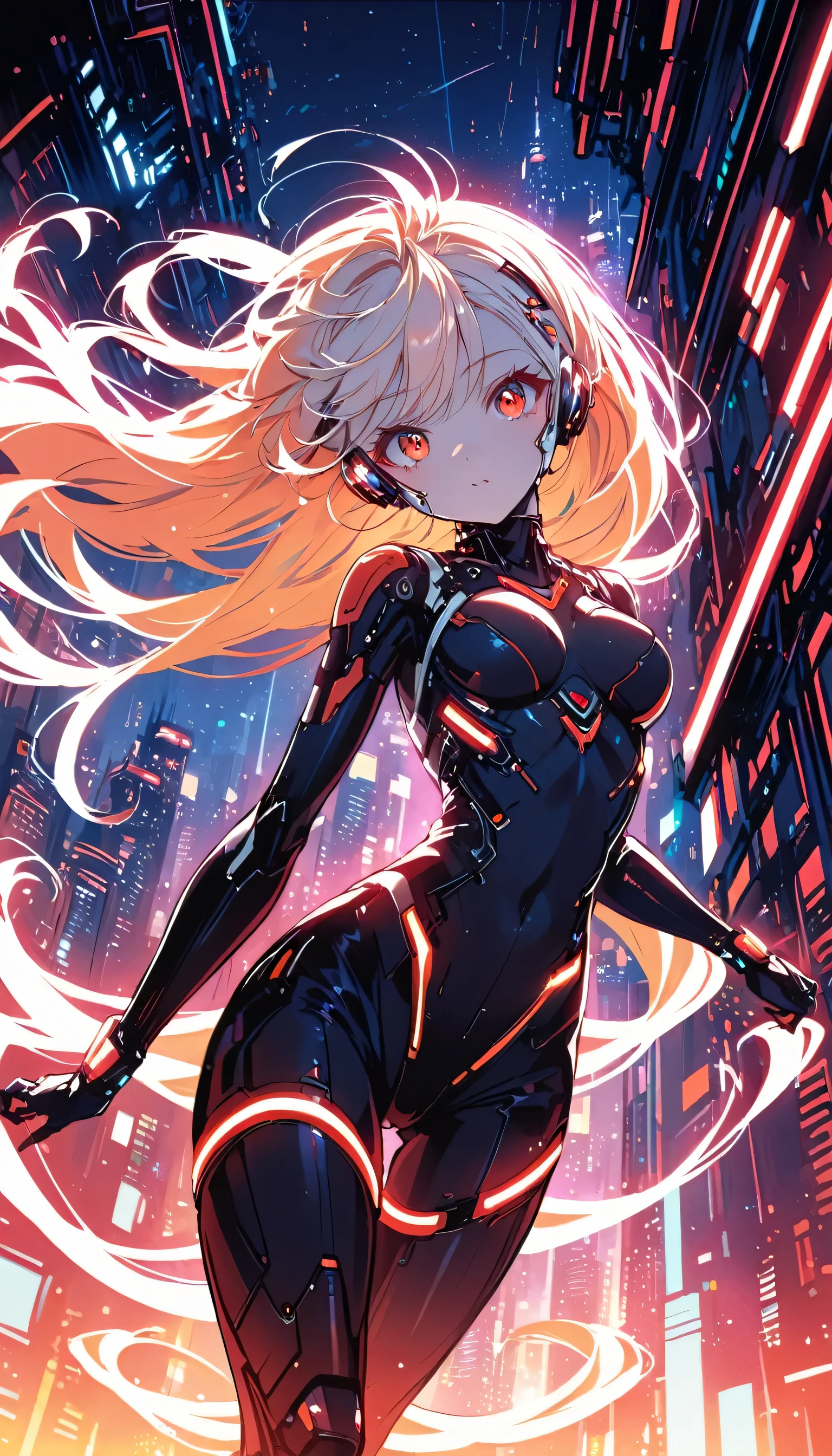 (SFW), Intricate details, One girl, night, (Bright neon colors), ((Flying over a futuristic cyberpunk city)), Detailed Background, (Petite cyborg girl, ((Cute perfect face, Bright red eyes)), (Perfect Anatomy,  and firm breasts), (Extremely long orange and white gradient hair, Hair blowing in the wind)), Detailed ribbed impossible bodysuit, Pauldrons, Cybernetic limbs, Dynamic Angle, 