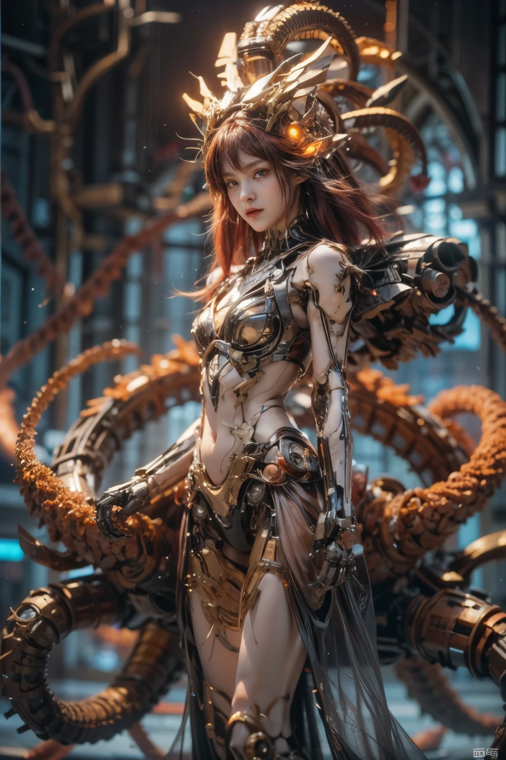 (top-quality:1.2, masterpiece)、ultra high resolution、extremely ultra surrealism, (Photorealsitic:1.4)、Raw photo、(Steampunk Battle Cyborg fallen angel)、(large mechanical bat wings)、black porcelain body、red hair、glowy skin、1 Cyborg girl、(mechanical frame:1.3)japanese, extremely cute face, ((super realistic details))、portrait、globalillumination、Shadow、octan render、8K、ultrasharp、character edge light、Details of complex ornaments、Acrylic Clear Cover、Sumerian details、Hydraulic cylinder、Small LED lamp、highly intricate detail、Realistic light、a purple eye、radiant eyes、Facing the camera、neon details、cowboy shot、Futuristic headgear、About Cyberpunk