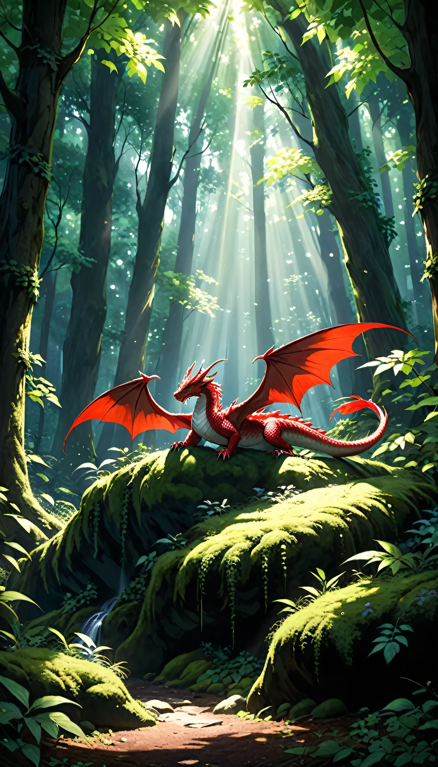 explanation: Secluded forest among, Sunlight penetrates through the dense canopy, Casting a fantastic glow on the forest floor. Towering Tree々among, Mysterious shadows come to life, Those who listen々whisper a secret to. The mysterious charm of whispering shadows、Capture the interplay of light and dark in this mystical setting,Red dragon sleeping in the mountains