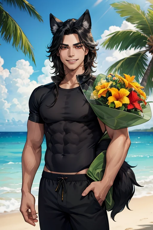 A muscular black haired man with golden eyes and black fox ears and a black fox tail in swim trunks is holding a bouquet of tropical flowers at the beach with a goofy grin
