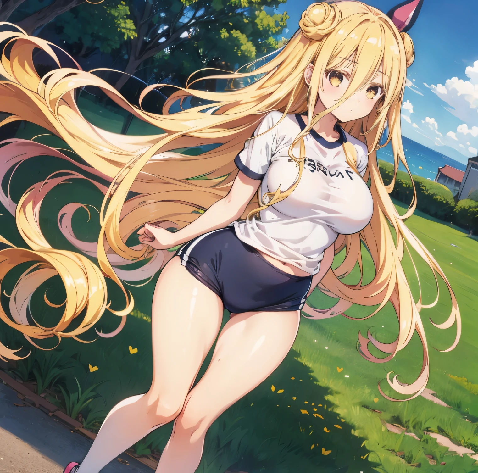 1girl, alone, Hoshimiya mukuro,outdoors, school, looking at viewer, (masterpiece:1.2), best quality, high resolution, unity 8k wallpaper, (illustration:0.8), (perfect hands, perfect anatomy), standing, (blush:1.5), shiny hair, shiny skin,mukuro hoshimiya, yellow eyes, very long hair, blonde hair, double bun, hair between eyes, medium breasts, gym shirt, gym uniform, buruma, thighs, arms at side, Full body, perfect hands, perfect anatomy 