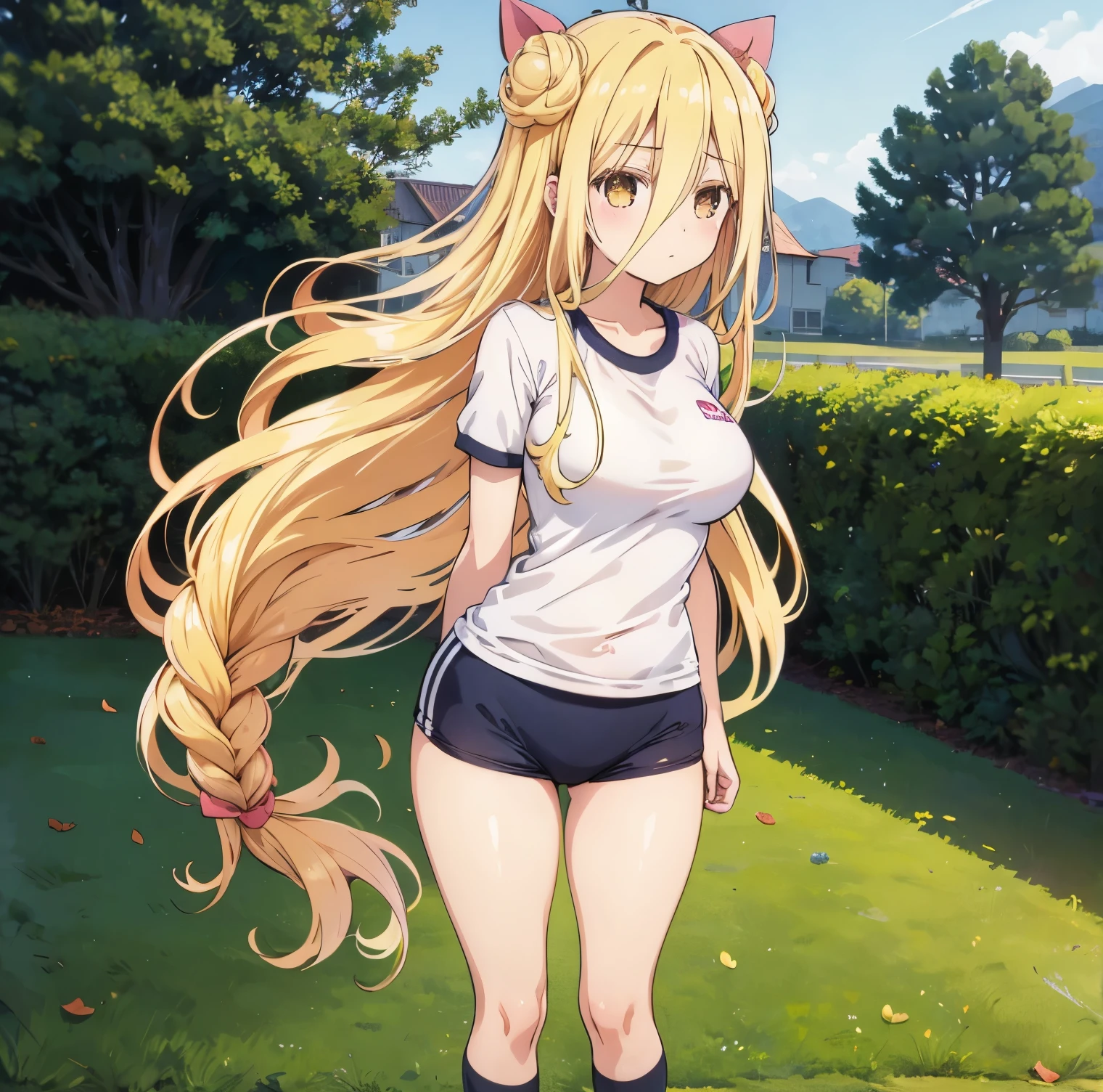 1girl, alone, Hoshimiya mukuro,outdoors, school, looking at viewer, (masterpiece:1.2), best quality, high resolution, unity 8k wallpaper, (illustration:0.8), (perfect hands, perfect anatomy), standing, (blush:1.5), shiny hair, shiny skin,mukuro hoshimiya, yellow eyes, very long hair, blonde hair, double bun, hair between eyes, medium breasts, gym shirt, gym uniform, buruma, thighs, arms at side, Full body, perfect hands, perfect anatomy 