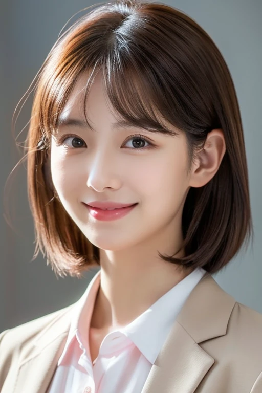 (Very detailedな CG Unity 8k 壁紙, highest quality, Very detailed, Looking into the camera:1.2, The light shines on your face:1.5, Gray background, Professional Lighting), Japanese women, 26 years old, Brightly lit upper body composition of a face. She has an oval face, Soft arched eyebrows, bright expressive eyes,,, pronounced nose, And a friendly smile. Her hair is shoulder-length, straight, Dyed a pale chestnut color. She is wearing a smart casual blouse, Probably soft colors, Pair it with a chic blazer, Embody her lively and sociable personality