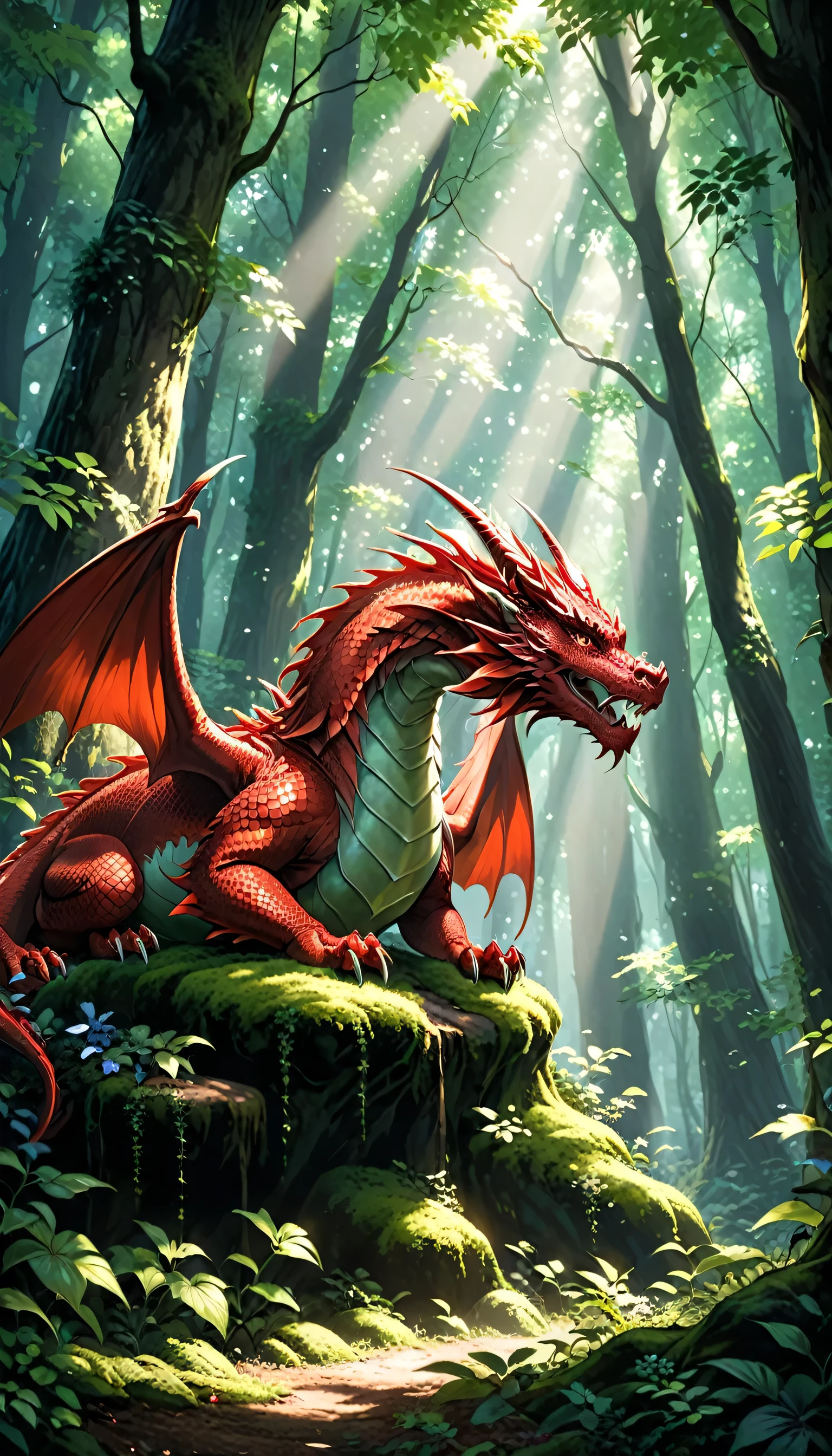 explanation: Secluded forest among, Sunlight penetrates through the dense canopy, Casting a fantastic glow on the forest floor. Towering Tree々among, Mysterious shadows come to life, Those who listen々whisper a secret to. The mysterious charm of whispering shadows、Capture the interplay of light and dark in this mystical setting,Red dragon sleeping in the mountains
