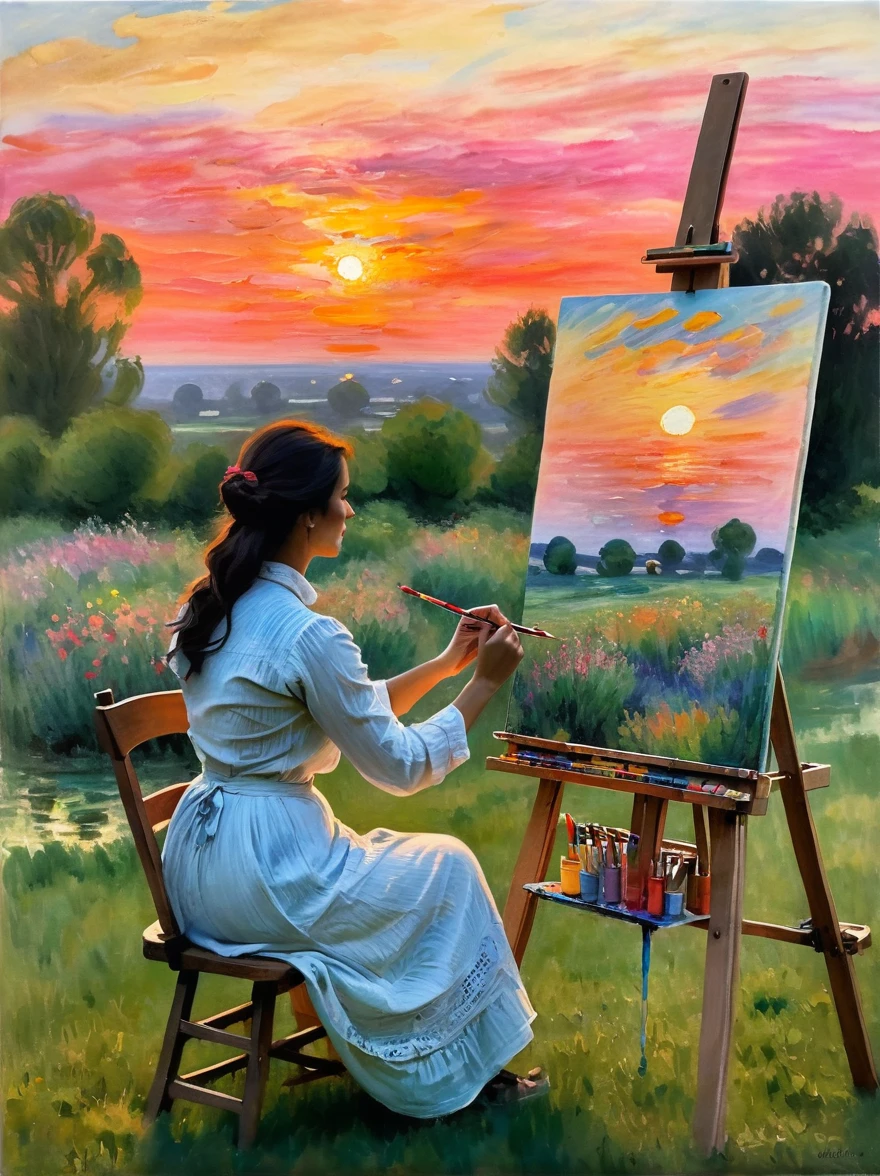 (Claude Monet Style:1.3), The image depicts a tranquil landscape following the principles of the Impressionist era，A Hispanic woman sits in a chair on a softly lit lawn，Holding an easel，Concentrate on capturing the beauty of the sunset，The sky is painted with brilliant colors，orange color，Swirls of pink and red depict the fleeting moments typical of nature，This is a hallmark of the Impressionist movement.，Woman wearing comfortable clothing，Hands busy painting a landscape with bright watercolor pens on a canvas，Represents  from the elements