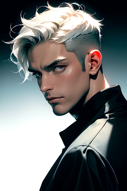 (masterpiece, best quality:1.2), (absurd res, high res, ultra detailed), 1 male, adult, handsome, tall muscular guy, broad shoulders, white hair, finely detailed eyes, portrait, looking at viewer, solo, half shot, detailed background, detailed face, (gothic), smirk, vampire, dark leather, high fantasy,, stealth, undercover, (crates in background), shadows, fog, (dutch angle), closed mouth, black pants