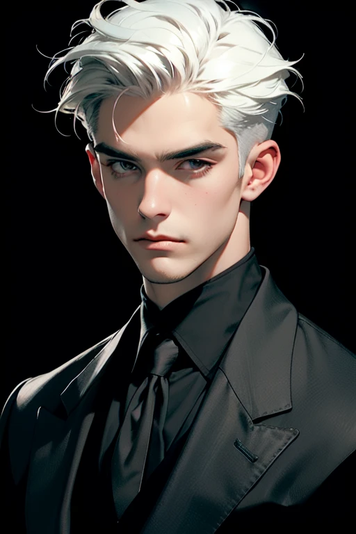 (masterpiece, best quality:1.2), (absurd res, high res, ultra detailed), 1 male, adult, handsome, tall muscular guy, broad shoulders, white hair, finely detailed eyes, portrait, looking at viewer, solo, half shot, detailed background, detailed face, (gothic), smirk, vampire, dark leather, high fantasy,, stealth, undercover, (crates in background), shadows, fog, (dutch angle), closed mouth, black pants