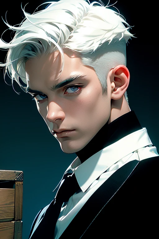 (masterpiece, best quality:1.2), (absurd res, high res, ultra detailed), 1 male, adult, handsome, tall muscular guy, broad shoulders, white hair, finely detailed eyes, portrait, looking at viewer, solo, half shot, detailed background, detailed face, (gothic), smirk, vampire, dark leather, high fantasy,, stealth, undercover, (crates in background), shadows, fog, (dutch angle), closed mouth, black pants