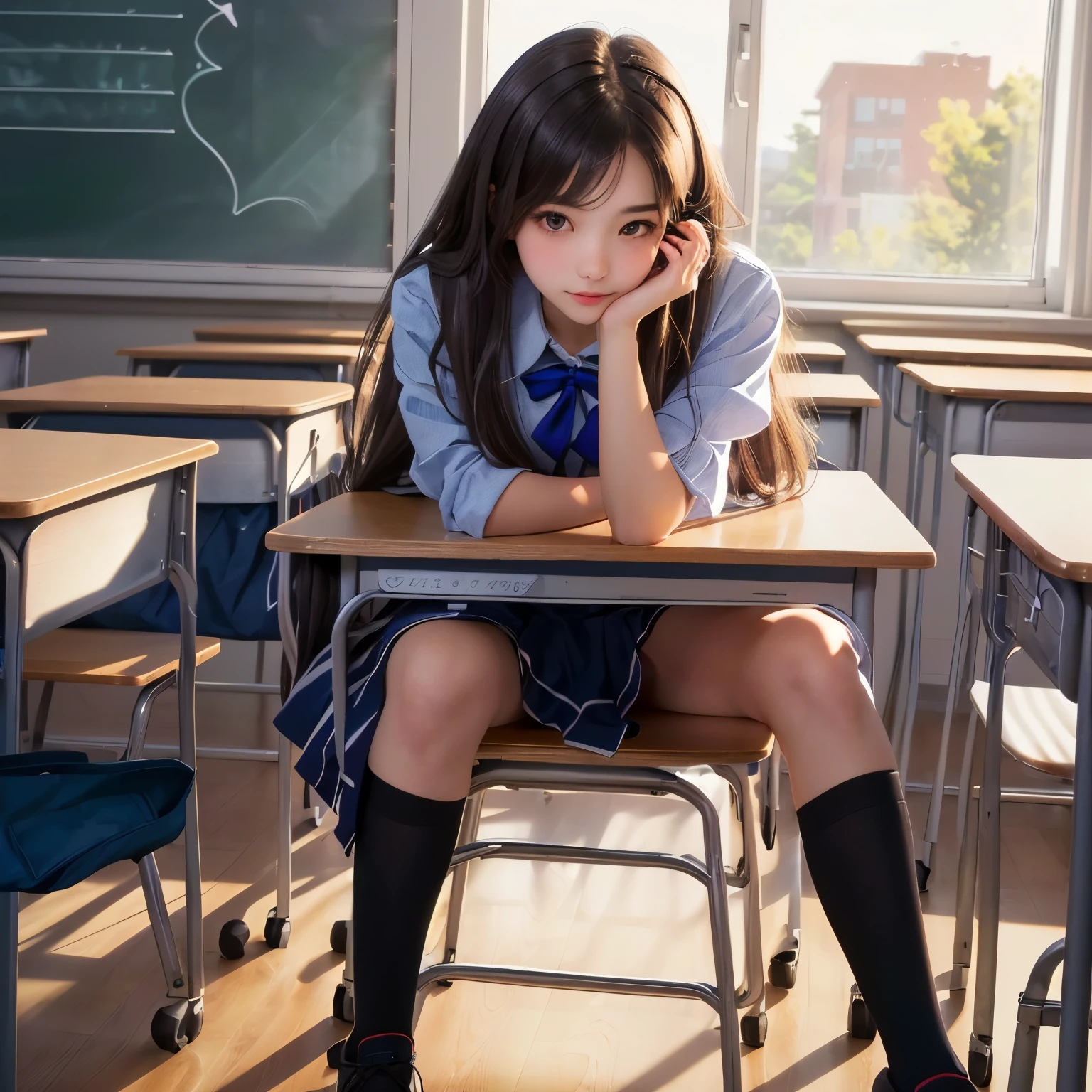 girl sitting on a desk in a classroom with her hand on her chin, beautiful high high school girl, a hyperリアルなhigh school girl, hyperリアルなhigh school girl, Soft lighting, リアルなhigh school girl, seductive girl, cute , high school girl, visual of a cute girl, cute