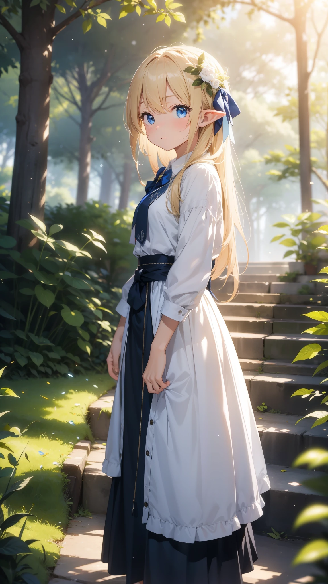 depth of field, sparkle, cinematic lighting, f/2.8, 35mm, UHD, retina, high details, high quality, highres, best quality, 4K,In a fantastic forest、Elf girl standing alone、Blonde、Blue Eyes、A fantastic outfit based on white、A fantastic atmosphere、One Girl、((He is facing forward without noticing me.))、Sad expression