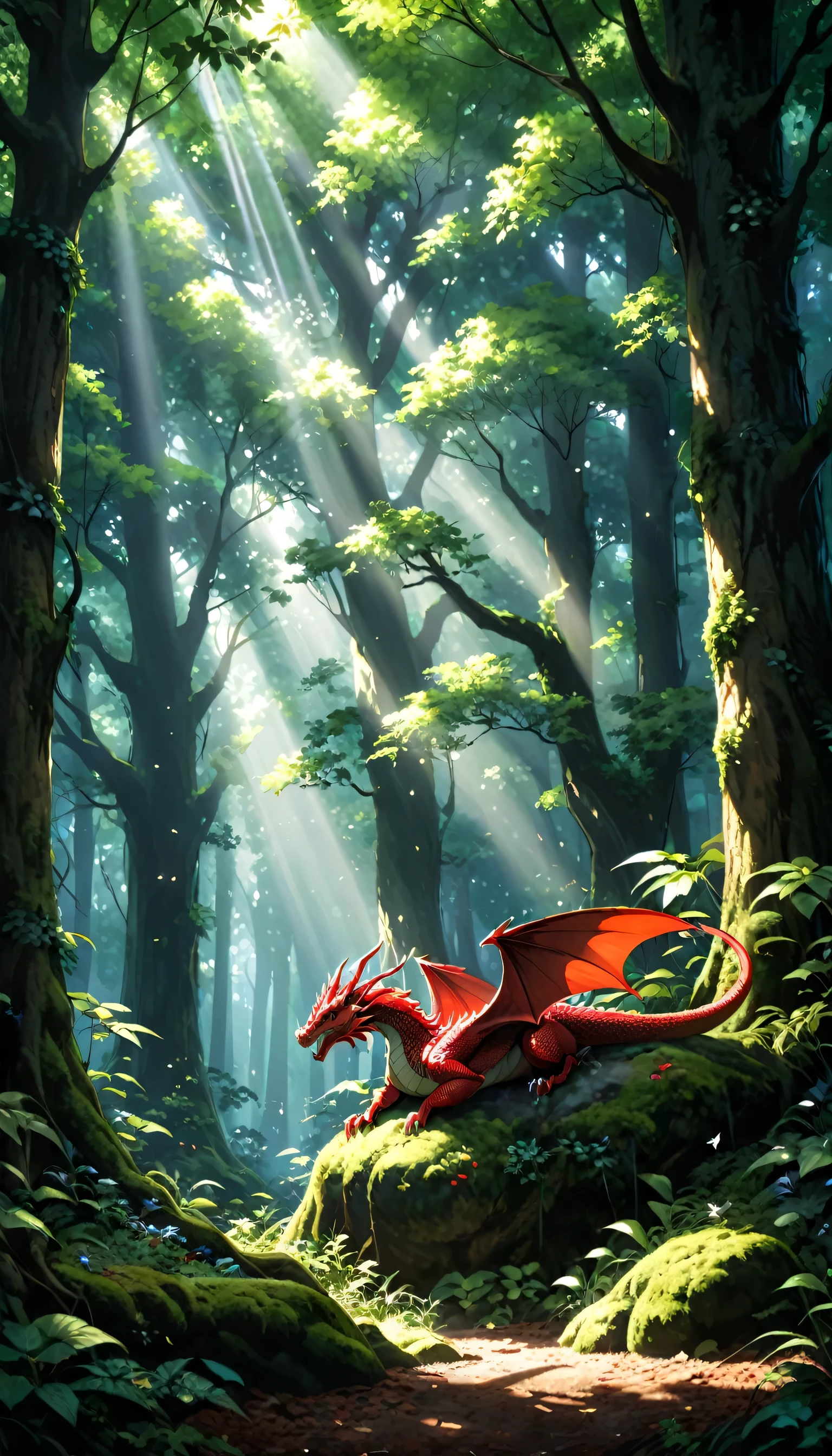 explanation: Secluded forest among, Sunlight penetrates through the dense canopy, Casting a fantastic glow on the forest floor. Towering Tree々among, Mysterious shadows come to life, Those who listen々whisper a secret to. The mysterious charm of whispering shadows、Capture the interplay of light and dark in this mystical setting,Red dragon sleeping in the mountains