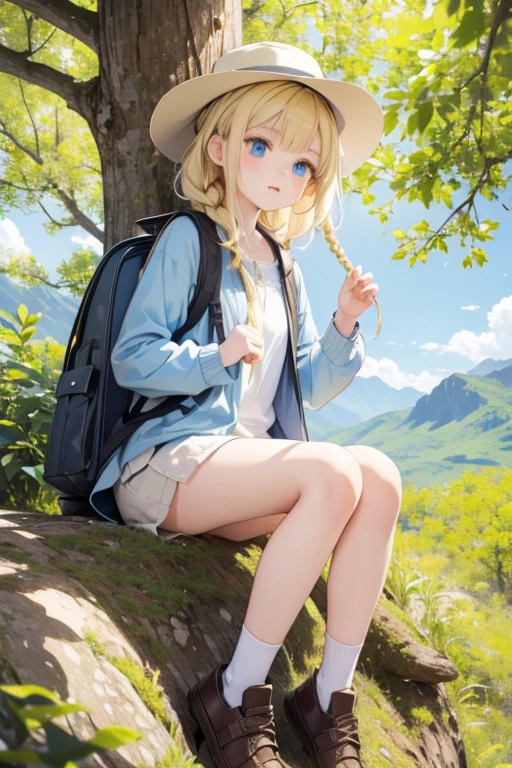 masterpiece, highest quality, High resolution, 13-year-old girl、blue eyes、
blonde、Braiding、Climbing Style、Clothes with lots of pockets、Shorts、rucksack、Thick-soled shoes、Safari Hat、Mountain climbing、Lush tree々々、The sunlight streaming in