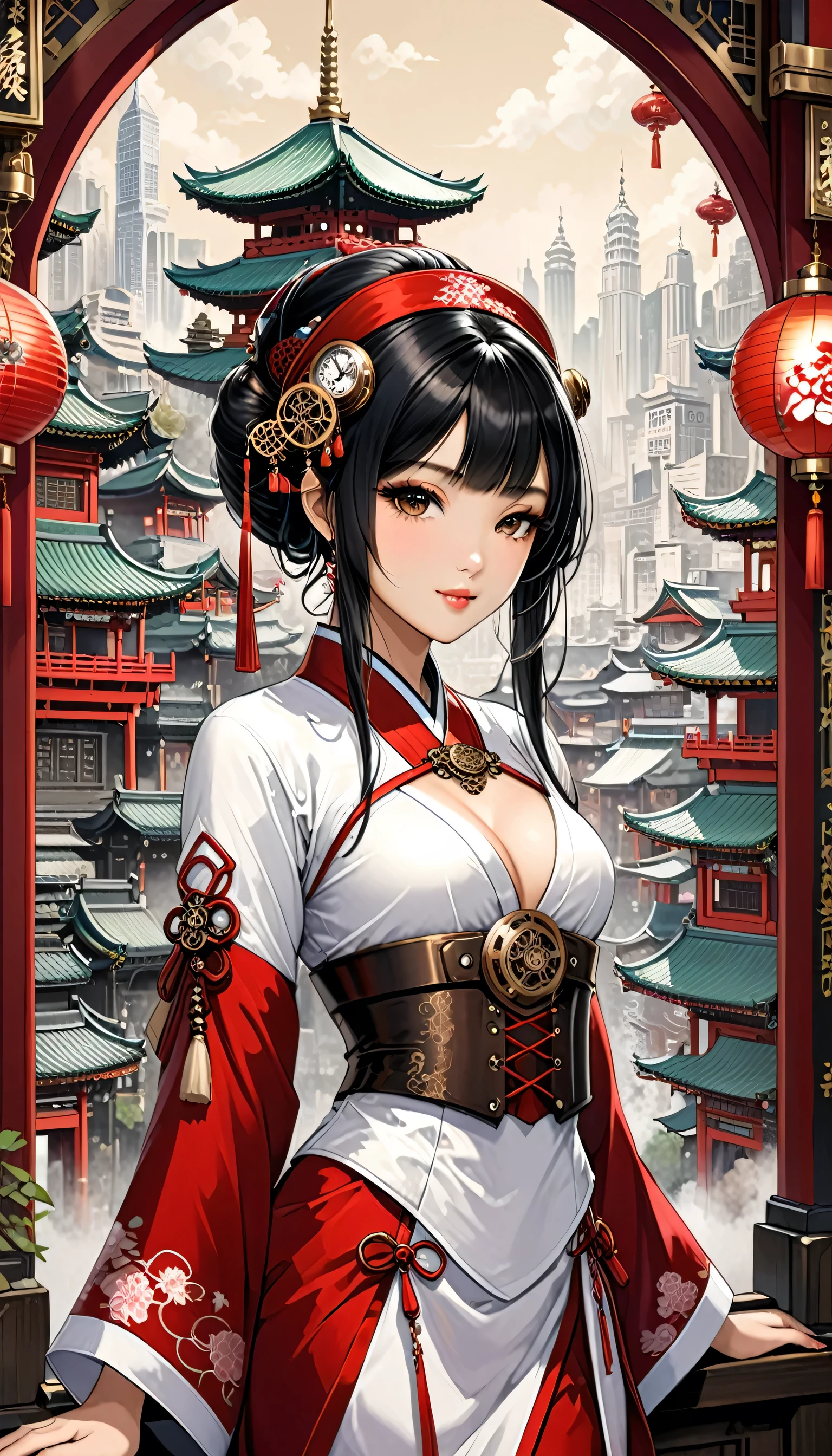 (highest quality), girl,Oriental detailed background, Oriental cityscape, steampunk, Shrine maiden