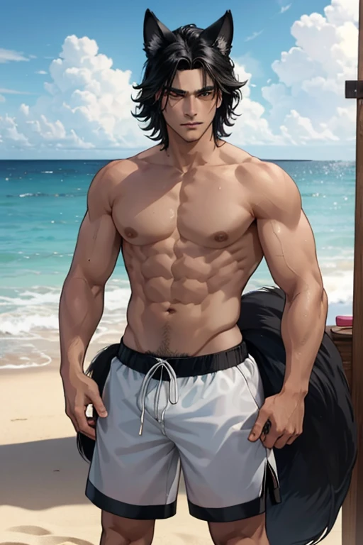 A muscular black haired man with golden eyes and black fox ears and a black fox tail in swim trunks is manning the grill at the beach