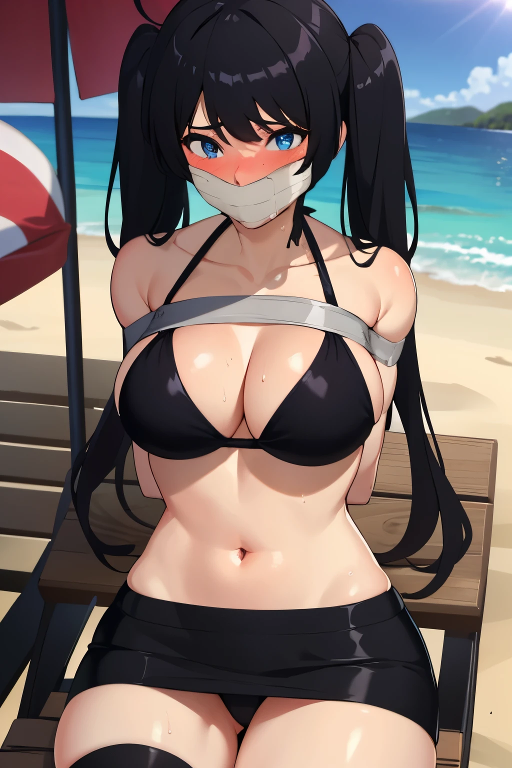 1 girl, detailed blue eyes, lange wimpern, detailed beautiful face, (Long black hair:1.4), black twintails, hochgesteckte Haare, improvisierter Knebel, (Klebebandknebel:1.5), GEKNEBELT, Klebeband, festgebunden, (Arms behind the back:1.4), gefesselte Arme, black Mini skirt, black bikini top, (blushing:1.2), Tape gag, sitting in a beach Chair at a beach, (Big boobs:1.1), leaning Back, wet skin