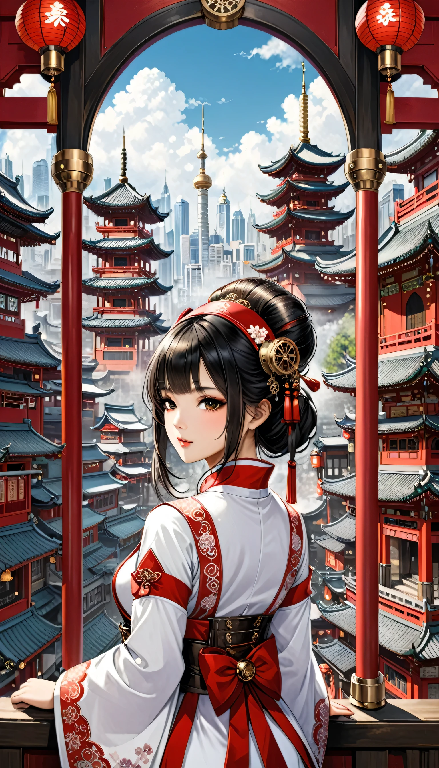 (highest quality), girl,Oriental detailed background, Oriental cityscape, steampunk, Shrine maiden