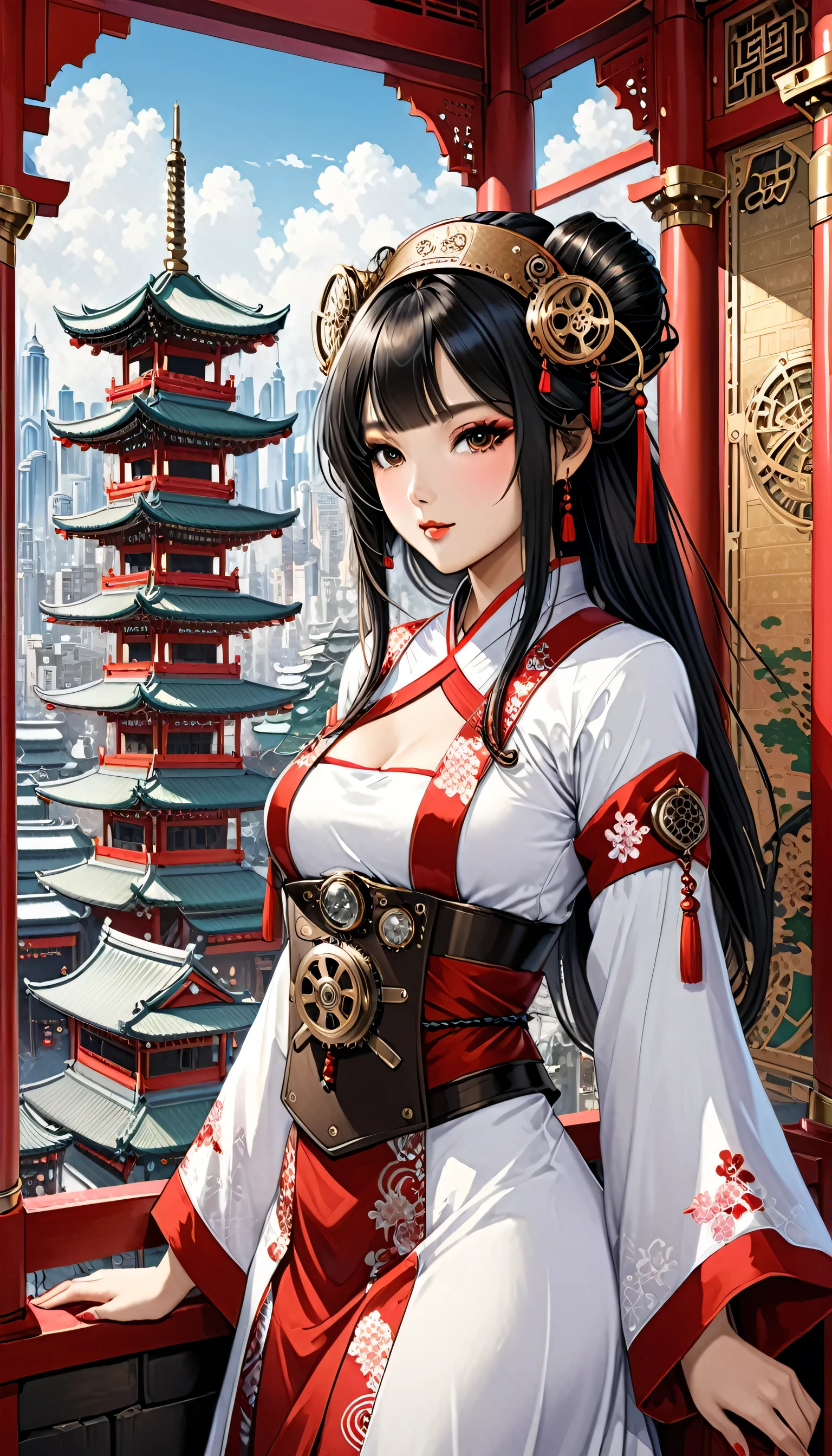 (highest quality), girl,Oriental detailed background, Oriental cityscape, steampunk, Shrine maiden