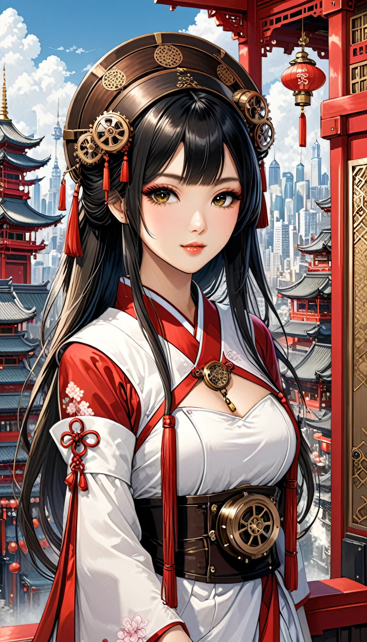 (highest quality), girl,Oriental detailed background, Oriental cityscape, steampunk, Shrine maiden