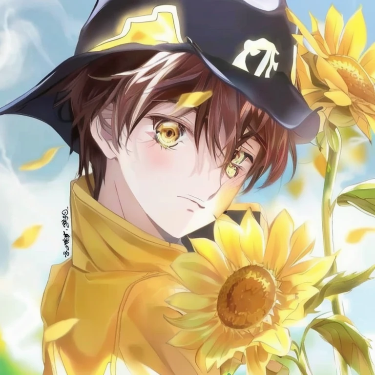 Handsome boy with sunflower in hand and hat on, beautiful sunflower anime girl,