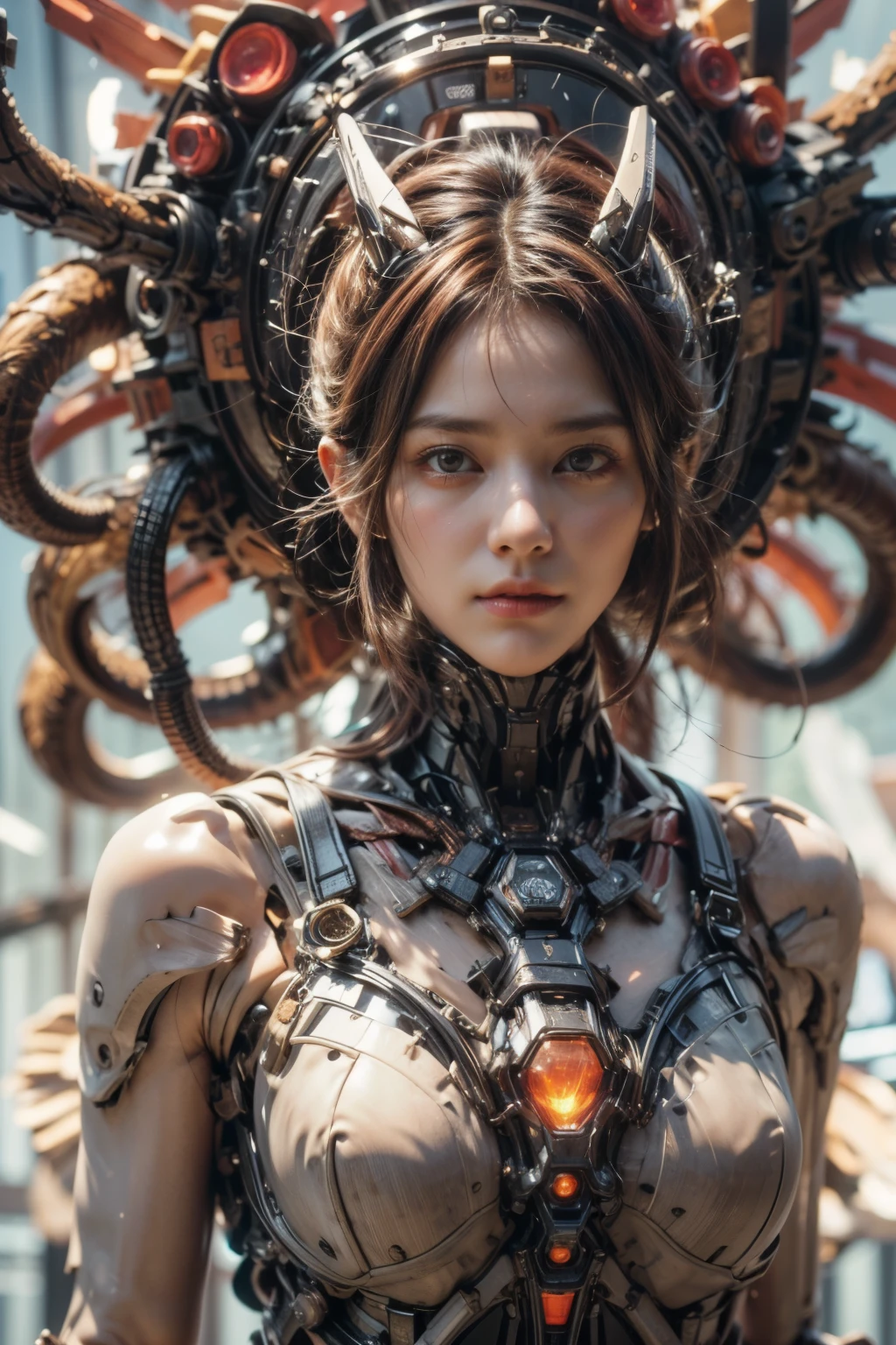 (top-quality:1.2, masterpiece)、ultra high resolution、extremely ultra surrealism, (Photorealsitic:1.4)、Raw photo、(Steampunk Battle Cyborg fallen angel)、(large mechanical bat wings)、black porcelain body、red hair、glowy skin、1 Cyborg girl、(mechanical frame:1.3)japanese, extremely cute face, ((super realistic details))、portrait、globalillumination、Shadow、octan render、8K、ultrasharp、character edge light、Details of complex ornaments、Acrylic Clear Cover、Sumerian details、Hydraulic cylinder、Small LED lamp、highly intricate detail、Realistic light、a purple eye、radiant eyes、Facing the camera、neon details、cowboy shot、Futuristic headgear、About Cyberpunk
