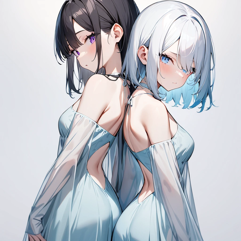 {{2girls}},masterpiece,best quality,very aesthetic,absurdres,cowboy shot,light color,dark color,light hair,dark hair,White hair,light blue hair,light blue eyes,Lovely,translucent hair,dark purple eyes,headless,(black hair,one eyes),back to back,asymmetry,Wide open back,Wide open back,Bare shoulders
